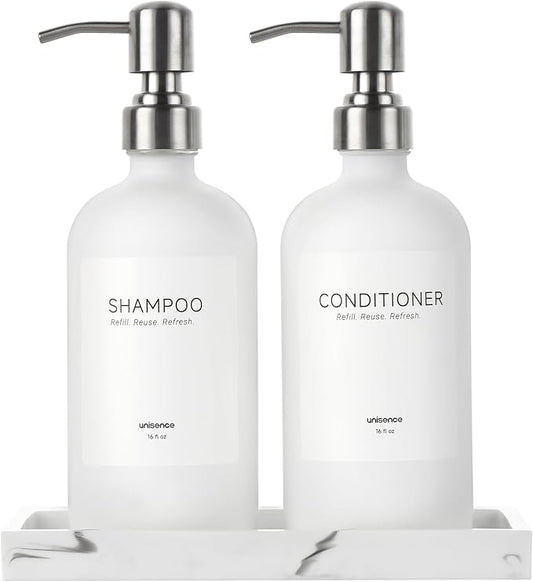 White Glass Soap Dispenser Set for Kitchen, Hand and Dish Soap Dispenser with Stainless Steel Pump & Resin Tray, Perfect for Kitchen,Hotel Rental-Modern Soap Dispenser Decor for Kitchen