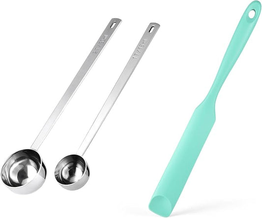 Doosu 18/8 Stainless Steel Food-Grade Measuring Coffee Scoop with 6.9in Long Handle (1 & 2 Tbsp) and 600°F Heat Resistant Silicone Jar Scraper Spatula (Aqua Sky)