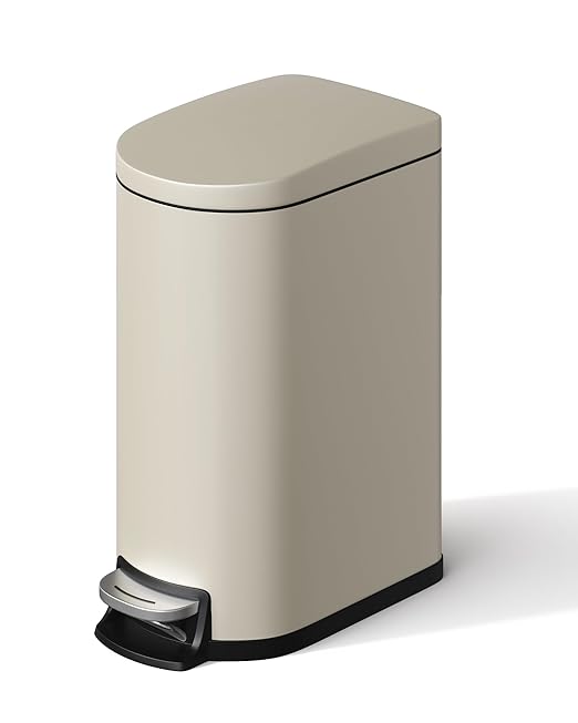 2.6 Gallon Bathroom Trash Can with Lid, Slim Step Pedal Garbage Bin, Stainless Steel Wastebasket with Soft-Close Lid, Removable Inner Bucket & Rear Handle for Bathroom, Office & Small Spaces-Beige