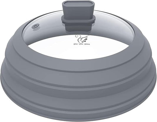 Microwave Splatter Cover Glass Cover Guard Lid with Collapsible Silicone for Food Pot Plate Cover 9.8 inch Light Grey