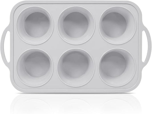 Jumbo Silicone Muffin Pan with Metal Frame, Non Stick Silicone Cupcake Pan with Handles 6 Cup, BPA Free Silicon Muffin Tin Tray Extra Large for baking, egg bites, Cupcake Mold Light Grey