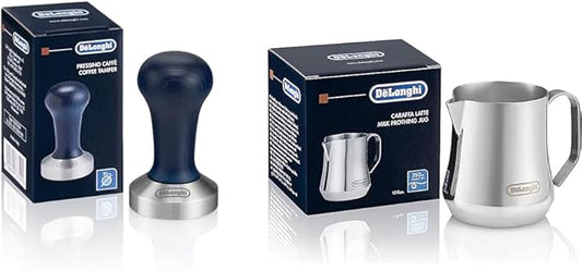 De'Longhi Stainless Steel Milk Frothing Pitcher, 12 ounce (350 ml), Barista Tool, Frother Jug for Espresso Machine Coffee Cappuccino Latte Art, DLSC0, 12 oz & DLSC058 Coffee Tamper