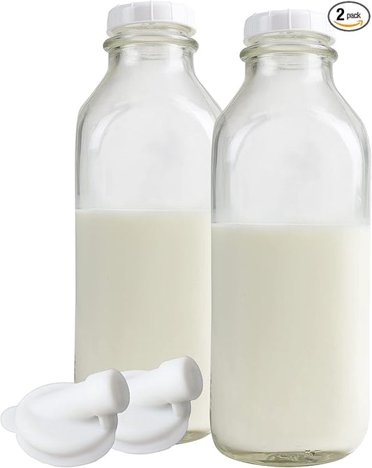 The Dairy Shoppe 1 Ltr. (33.8 oz.) Glass Milk Bottle Vintage Style with Cap & NEW Silicone Pour Spouts! (2 Pack)