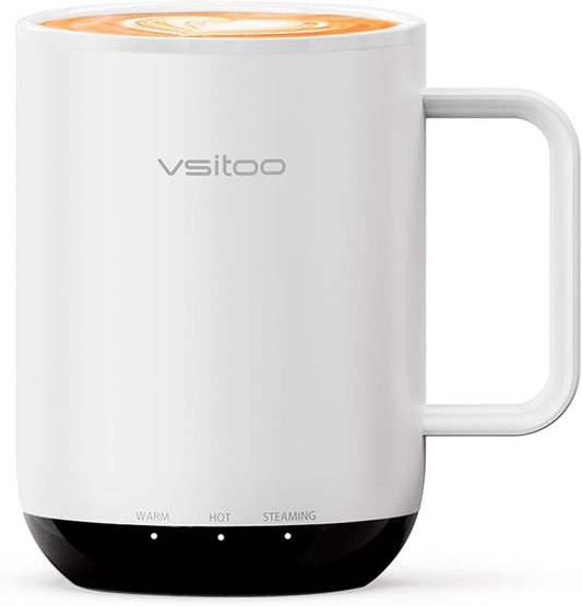 Vsitoo S3 Plus 14oz Heated Coffee Mug - Temperature Control Smart Mug with Mug Warmer, Auto-Sensing AI Heats Drinks to 120-150°F Hands-Free.Ideal for Home/Office/Gifts，White