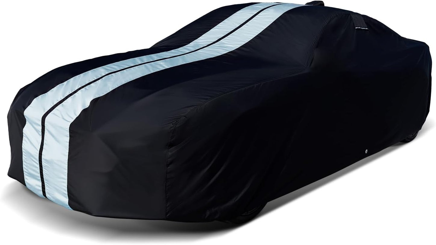 iCarCover Custom Car Cover for Chevy Corvette C5, C6, C7 (1997-2019) Waterproof All Weather Rain Snow UV Sun Protector Full Exterior Indoor Outdoor Car Cover (Stripe - Black/Gray)