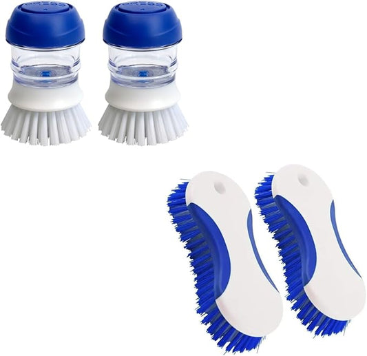 CELOX 2 Pack Dish Brush with Soap Dispenser for Kitchen Cleaning and 2 Pack Multi Purpose Heavy Duty Scrub Brush, Deep Clean Brush for Tile Floors and Walls, Shower Doors, Tubs