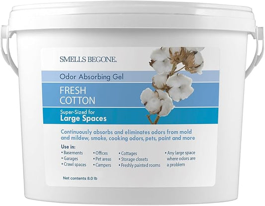 SMELLS BEGONE 1-Gallon Gel Odor Eliminator – High-Capacity, Long-Lasting Odor Absorber for Large Basements, Garages, Workshops & Commercial Areas – Removes Odors with Essential Oils (Fresh Cotton)