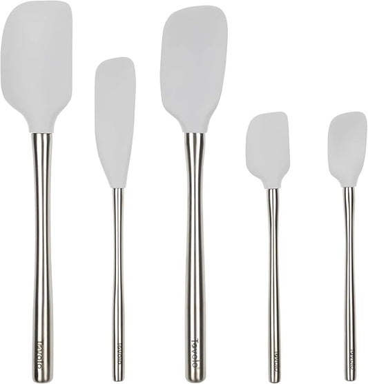 Tovolo Stainless Steel Handled Silicone Spatula Set of 5 Oyster Gray, Dishwasher Safe Kitchen Spatula Set for Cooking Baking, Non Toxic BPA Free Silicone Spatula set with Metal Steel Handle