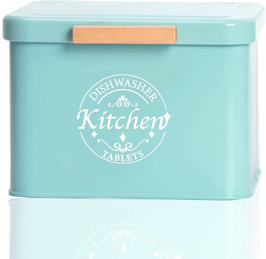 Dishwasher Pod Container with Hinged Lid. Farmhouse Metal Dishwaser Pods Holder for Kitchen Cabinet Organizer. Modern Kitchen Decor and Accessories. Dishwasher Detergent Tablet Storage (Green)