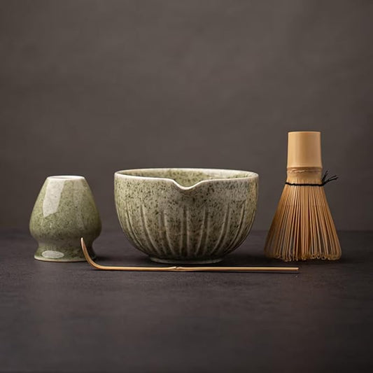 TANG PIN Matcha Set - Match Bowl and Whisk, 15 OZ, Matcha Scoop | Matcha Whisk Stand (Chasen Holder) - 5pc Perfect Matcha Kit for Matcha Tea Ceremony (Mottled Green)