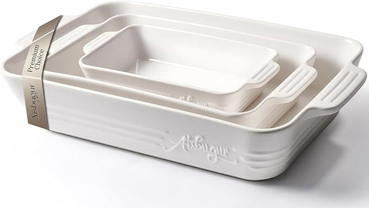 Ceramic Baking Dish Set, 3-Piece Casserole Dishes for Oven, Rectangular Baking Pans, Deep Lasagna Pans with Handles, Multi-Size Set for Cooking, Baking, Serving, and Gifting, White (16.1''/12.2''/9'')