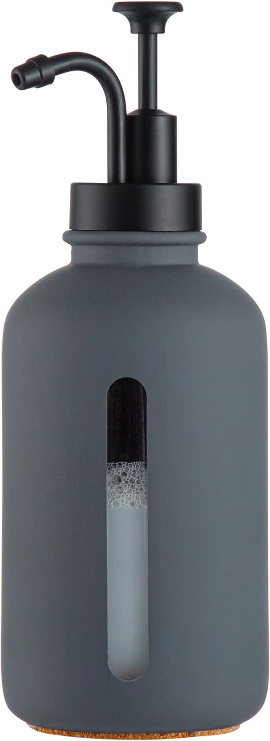 Enra Glass Soap Dispenser with Window, 17oz Dark Gray Stainless Steel Hand Pump for Bathroom Kitchen - Countertop Lotion Bottle (Dark Gray-Round-Liquid)