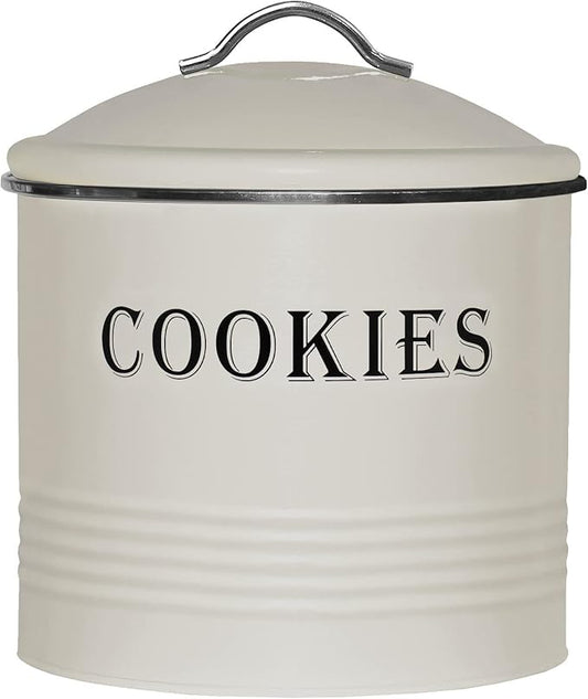 Blue Donuts Vintage Cookie Jar - Airtight Counter Cookie Container, Ivory Tin with Lid for Gift Giving, Large Capacity