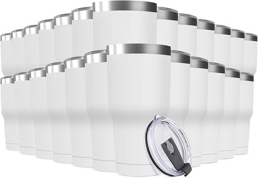 30oz Stainless Steel Travel Mug with Lid, 25 Pack Double Wall Vacuum Insulated Bulk Tumbler, Powder Coated Coffee Cup Suitable for Vehicle Cup Holders (White)