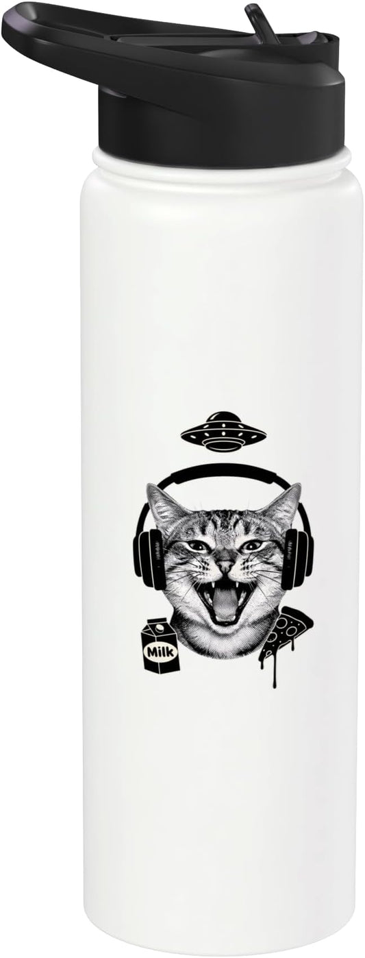 Cat With Headphones Milk Pizza Retro Alien Nostalgia Stainless Steel Insulated Water Bottle