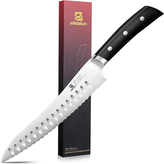 Piklohas Resharpenable Bread Knife for Homemade Bread, 8 Inch Serrated Sourdough Knife with Offset Handle, Innovative Wavy Edge for Clean Slices Crusty Bread, Bagels, Pineapple & Tomatoes, Gift Box