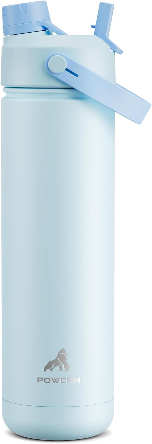 POWCAN 26 oz Insulated Water Bottle with 2-in-1 Straw and Spout Lid, Keep Cold 24H, Leak-Proof, Fits in Car Cup Holder, Stainless Steel Water Bottle for Sports, Travel, and School (Sea Breeze)