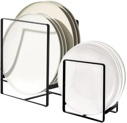 2 Pack Kitchen Plate Holder Organizer for Cabinet Space Saver, Kitchen Dish Storage Drying Racks, Metal Upright Dish Stand for Counter Cupboard (Black)