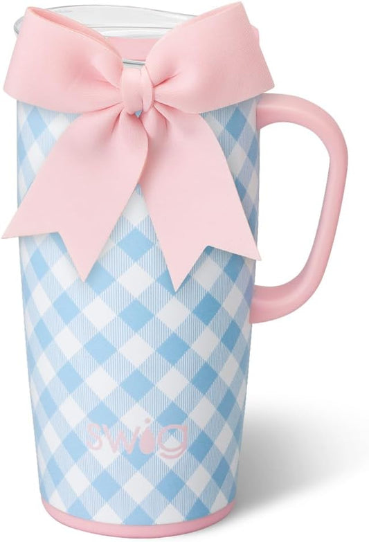 Swig Life 22oz Travel Mug, Insulated Tumbler with Handle and Lid, Travel Coffee Mug, Cup Holder Friendly, Stainless Steel 22 oz Tumbler, Reusable Insulated with Lid (Gingham)