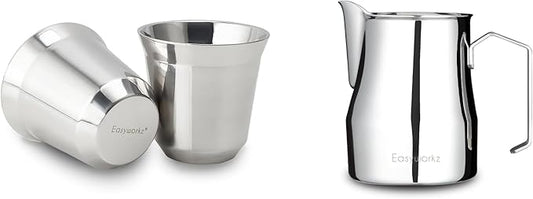 Easyworkz Stainless Steel Espresso Cup 2pcs Set Double Wall 5 oz, Bundled Espresso Steaming Pitcher Stainless Steel 12 oz Coffee Frothing Picther Milk Jug Cappuccino Latte Art Cup