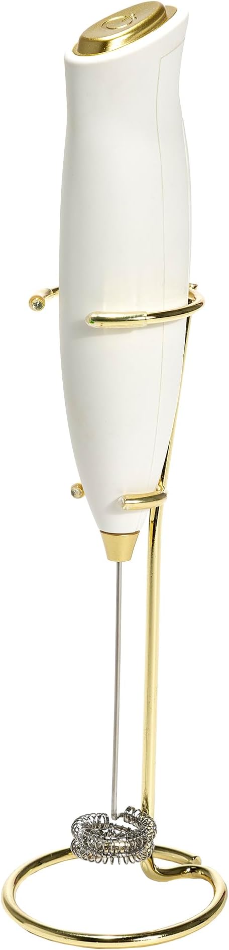 Paris Hilton Electric Handheld Milk Frother with Double Coil Head Whisk and Gold Metal Stand, Battery Powered (2 AA Batteries Required but Not Included), White