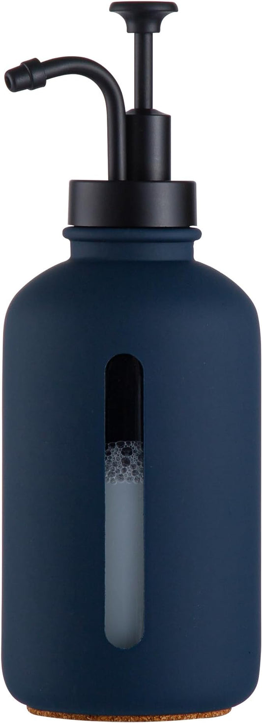 Enra Glass Soap Dispenser with Window,17oz Blue Hand Soap Dispenser Stainless Steel Hand Pump,Countertop Lotion Bottle for Bathroom Kitchen(Blue-Liquid