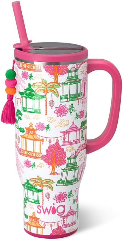 Swig Life 30oz Mega Mug, 30oz Tumbler with Handle and Straw, Large Insulated Tumblers, Cup Holder Friendly Travel Mug, Stainless Steel 30 oz Tumbler, Reusable Insulated Water Bottle (Pagoda Paradise)