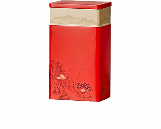 HAN SHENG Tea Canister, Airtight Storage Tin for Loose Leaf Tea & Bags, 8-Inch Decorative Metal Container with Oriental Mountain Design, Red