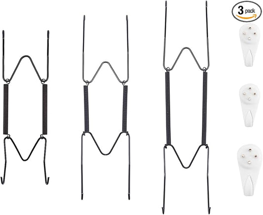 Bilillo 3-Piece Stainless Steel Wall Plate Hangers, 6/8/10 Inch Invisible Decorative Wire Plate Holders with 3 Pieces Wall Hooks for 5.5 to 10.5 Inch (Black)