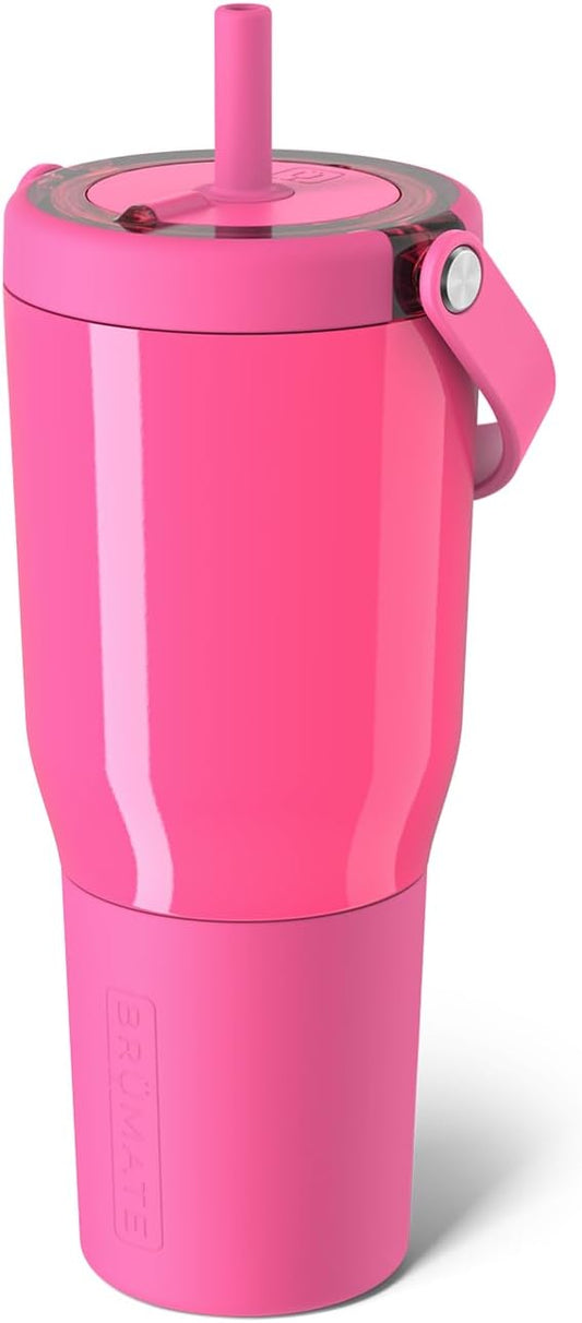 BrüMate Resa 35oz 100% Leakproof Travel Tumbler w/Handle & Straw | Flexible SoftSip Straw | Silicone Sleeve for Durability | Stainless Steel | Cup Holder & Travel Friendly Water Bottle (Neon Pink)