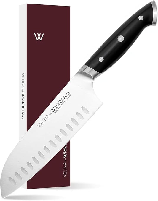 WICKWILLOW 7 Inch Santoku Knife – Razor Sharp German Steel – 7 Inch Kitchen Knife for Slicing, Dicing & Mincing – Hollow Edge & Full Tang – Gift Box – Velina Series