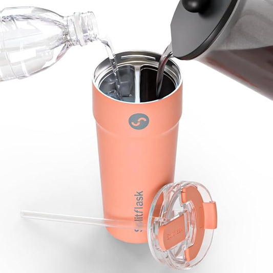 Splitflask 2-in-1 Dual Chamber Tumbler 30oz Hot & Cold Insulated Cup with Straw & Sip Lid, Leak Resistant Stainless Steel Travel Mug for Coffee, Water, Moms, Gym, Work, Car Cup Holder BPA-Free