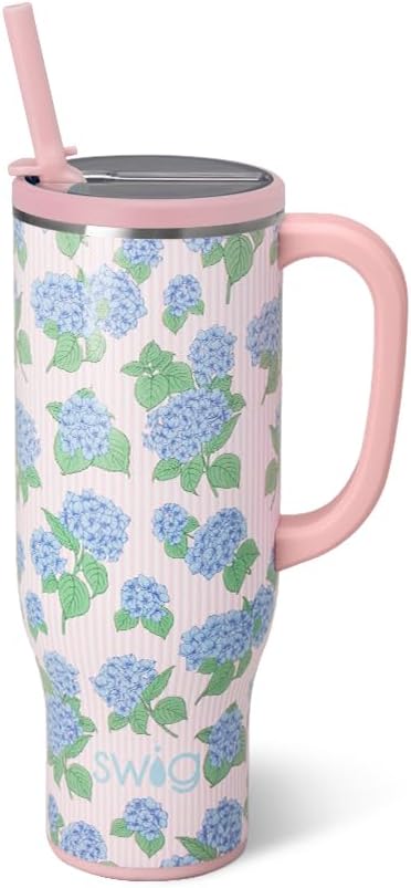Swig Life 30oz Mega Mug, 30oz Tumbler with Handle and Straw, Large Insulated Tumblers, Cup Holder Friendly Travel Mug, Stainless Steel 30 oz Tumbler, Reusable Insulated Water Bottle (Hydrangeas)