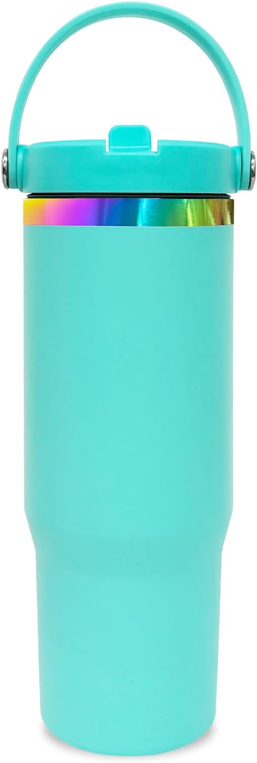 30 oz Tumbler with Handle and Straw, Vacuum Insulated Tumblers with Flip Straw and Top Handle, Leakproof Powder Coated Tumbler, Stainless Steel Travel Mug for Coffee Water (Blue)