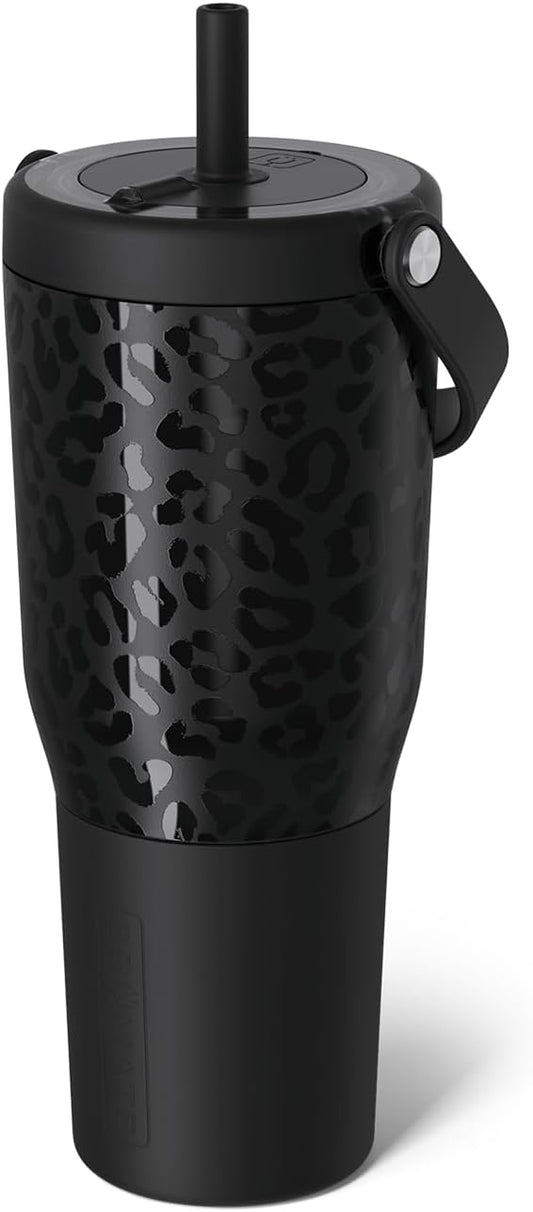 BrüMate Resa 35oz 100% Leakproof Travel Tumbler w/Handle & Straw | Flexible SoftSip Straw | Silicone Sleeve for Durability | Stainless Steel | Cup Holder & Travel Friendly Water Bottle (Onyx Leopard)