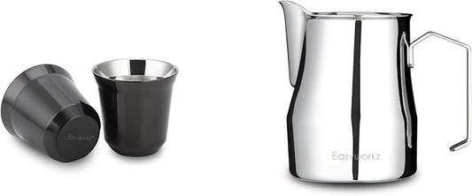 Easyworkz Stainless Steel Espresso Cup 2pcs Set Double Wall 2.5 oz, Bundled Espresso Steaming Pitcher Stainless Steel 12 oz Coffee Frothing Picther Milk Jug Cappuccino Latte Art Cup