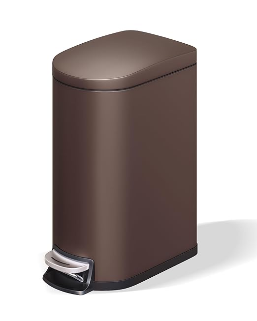2.6 Gallon Bathroom Trash Can with Lid, Slim Step Pedal Garbage Bin, Stainless Steel Wastebasket with Soft-Close Lid, Removable Inner Bucket & Rear Handle for Bathroom, Office & Small Spaces-Brown