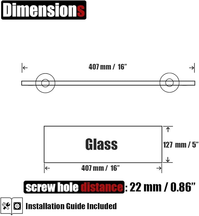 JQK Bathroom Glass Shelf Chrome, Tempered Glass Shower Storage 16 by 5 inches, 304 Stainless Steel Polished Chrome Wall Mount 2 Pack, TGS101L16-CH-P2