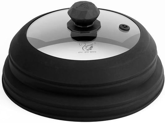 Microwave Splatter Cover Vented Glass Splatter Guard Lid with Collapsible Silicone for Food as Pot Cover 11.8 inch Large Plate for 6 7 8 9 10 11 inch Plate Bowl Black