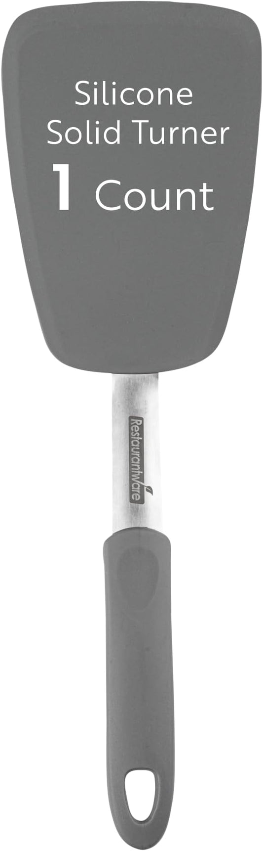 Restaurantware Comfy Grip 13.3 x 4 Inch Silicone Turner 1 Durable Cooking Turner - Stainless Steel Body Rubber Handle With Hole Gray Silicone Flipper Spatula Tolerates Up To 446F Dishwashable