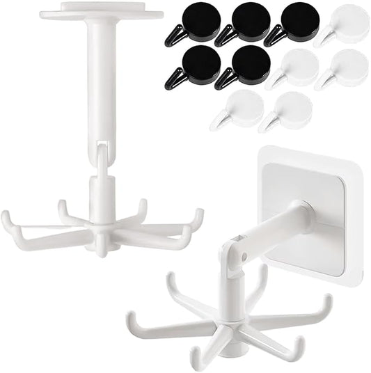 2 Pack Rotating Adhesive Hook Hanger – 10-Hook Kitchen & Bathroom Organiser, Under Cabinet Storage for Utensils, Towels & Tools, Space-Saving Swivel Hooks for Home & Garage
