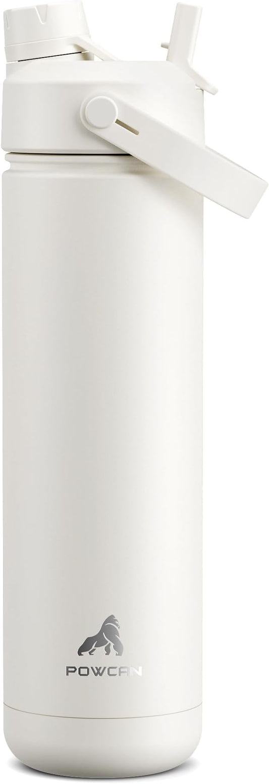 POWCAN 26 oz Insulated Water Bottle with 2-in-1 Straw and Spout Lid, Keep Cold 24H, Leak-Proof, Fits in Car Cup Holder, Stainless Steel Water Bottle for Sports, Travel, Gym, and School (Ivory)