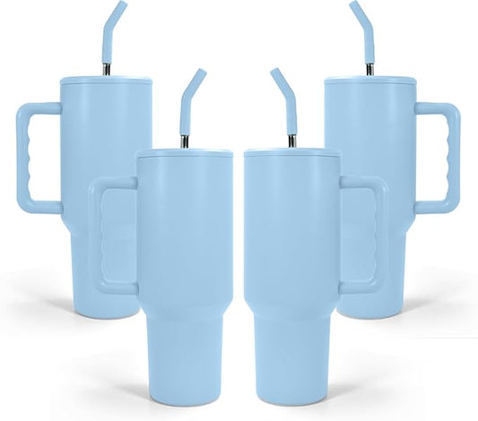 AGH 40 oz Sublimation Tumbler with Handle 4-Pack Stainless Steel Insulated Tumblers Blanks Water Bottle Travel Cups Matte Blue