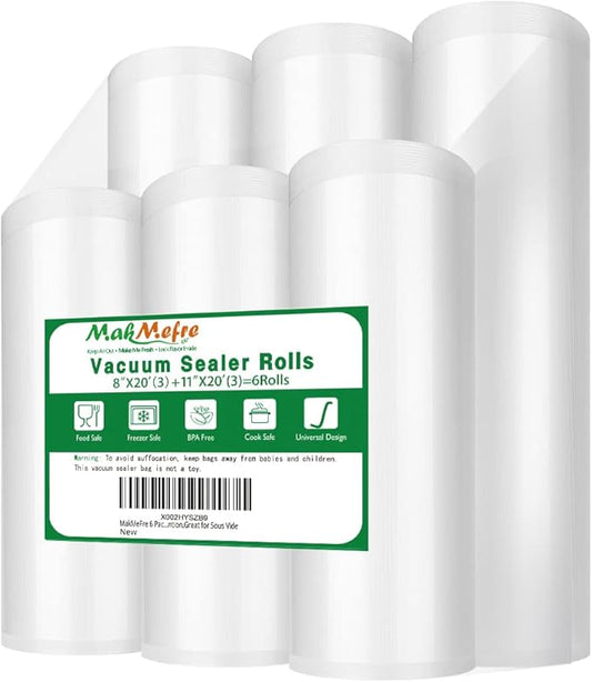 MakMeFre 6 Pack 8"x20'(3Rolls) and 11"x20' (3Rolls) Vacuum Sealer Bags Rolls for Food,Commercial Grade, BPA Free,Puncture Prevention,Great for Sous Vide Cooking