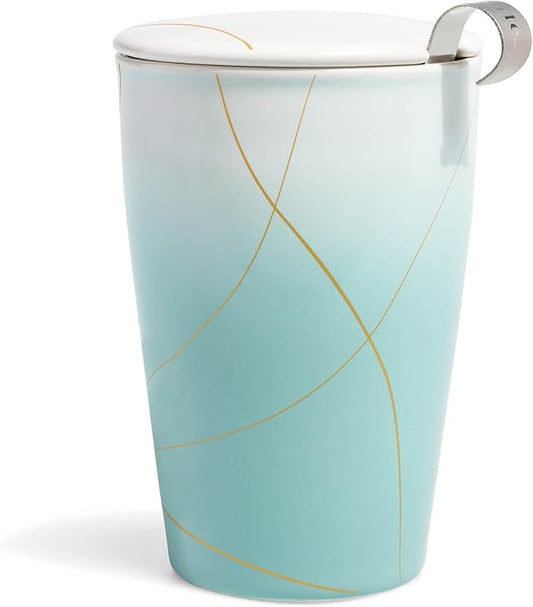 Tea Forte Double-Walled Ceramic Kati Cup, Removable Stainless Steel Infuser Basket and Lid, Steeps 12 oz Loose Leaf Tea, Dishwasher & Microwave Safe, Gifts for Mom, Wellbeing
