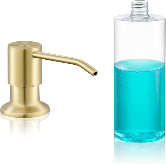 Built in Soap Dispenser for Kitchen Sink Countertop, Brushed Gold Stainless Steel Soap Dispenser Pump Head Refill from the Top with 11 Ounce Transparent Soap Bottle