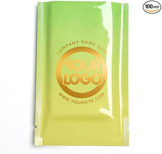 100 Pcs Custom Glossy Mini Mylar Bags, Custom Logo/Text/Barcode, Single Side One Color Print, Heat Seal Pouches with Tear Notches for Food, Small Business, Retail (Yellow Glossy, 8 * 12CM/3.2"*4.7")