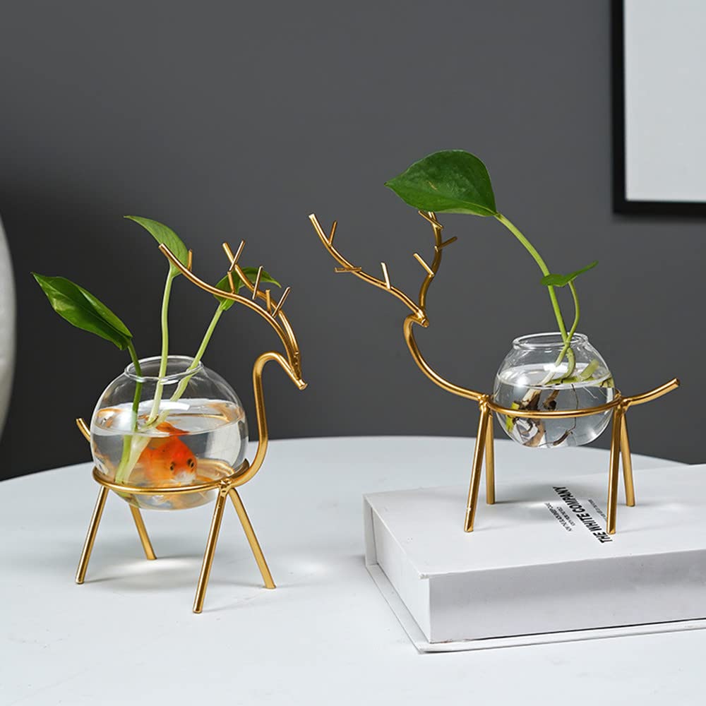 Radefasun Desktop Deer Plant Vases Small Glass Flower Vase with Gold Metal Stand Propagation Station Plant Holder for Home Wedding Decor