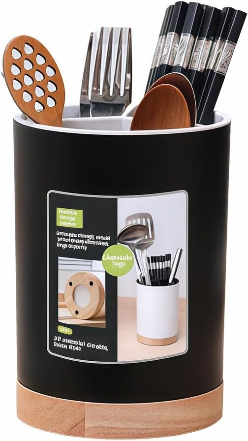 BUBBLE-FLY Modern Kitchen Utensil Holder with Drainage, Black and Wood Base, 3 Compartment Divided Organizer for Spoons Forks Knives, Countertop Caddy for Cooking Tools and Cutlery Storage- Non-Slip