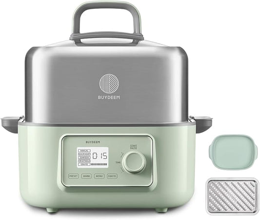 BUYDEEM G67US Electric Food Steamer for Cooking, 1 Tire Stainless Steel Steamer with Manual Mode, 1500W, 7 Quart, Green